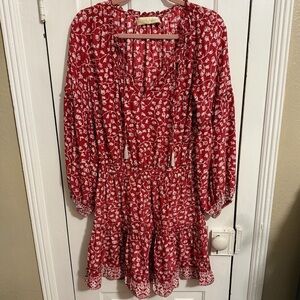 Natalie Martin Maggie Dress Silk Red Floral Long Sleeves Medium F2